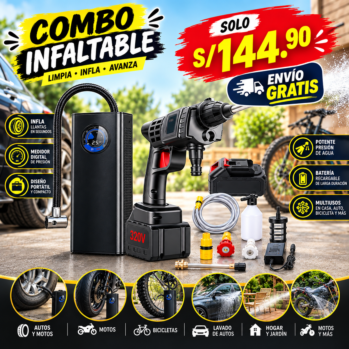 COMBO HIDROLAVADORA+ INFLADOR PORTÁTIL